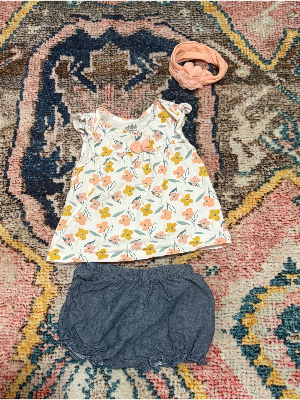 Carter's Floral Top, Denim-Look Bloomers & Peach Headband Set